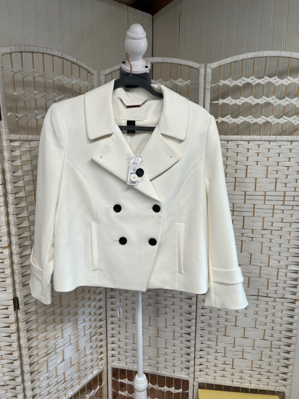 White House Black Market Cream Double-Breasted Cropped Blazer with Black Buttons